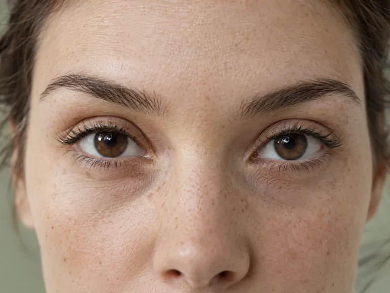 Frontaler Blick auf Augen und natürliche Schatten unter den Augen
