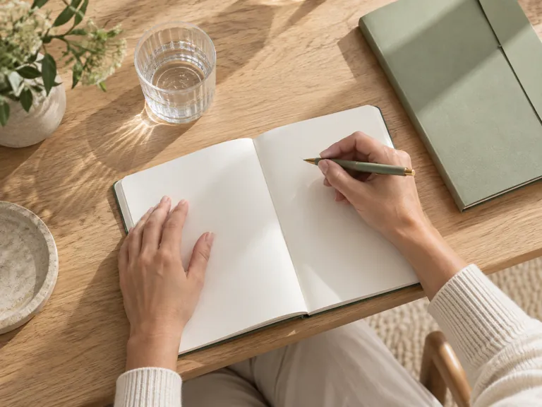 Hände, Stift und Notizbuch zur Vorbereitung persönlicher Fragen