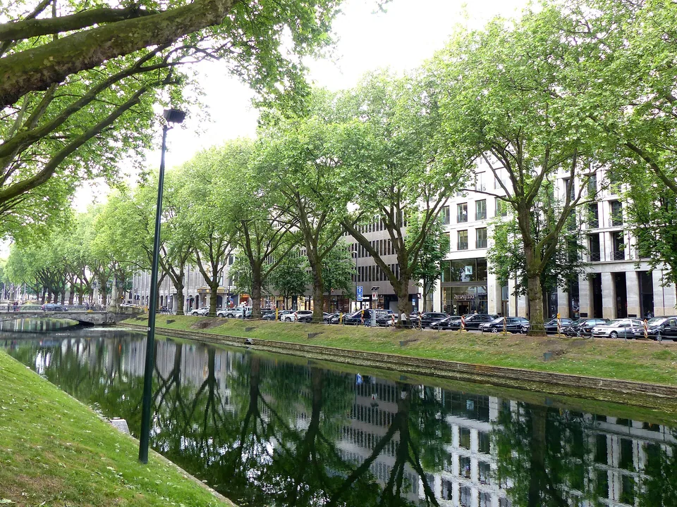 Königsallee in Düsseldorf mit Bäumen und Spiegelungen im Stadtgraben
