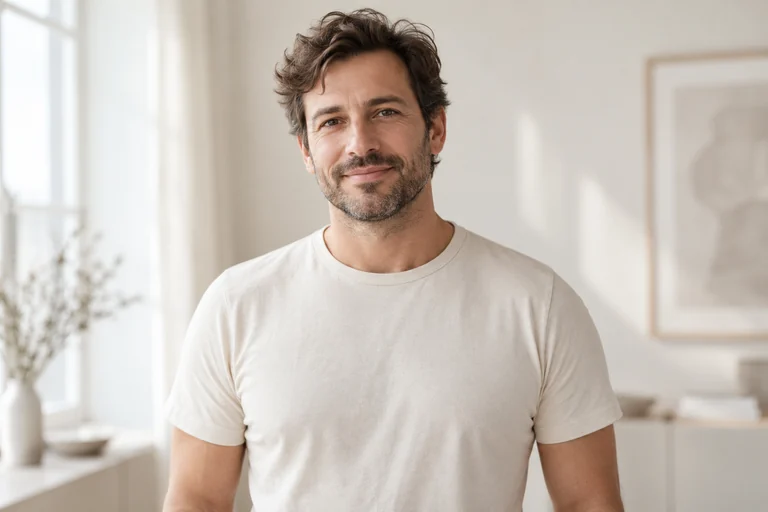 Mann in einem cremefarbenen T-Shirt mit natürlicher Brustkontur