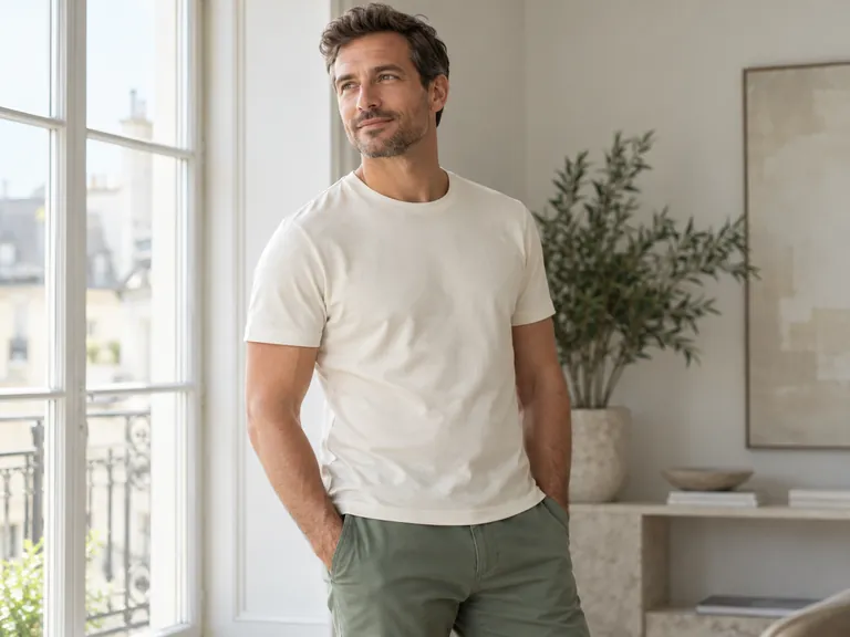 Mann in hellem T-Shirt mit natürlichen Brust- und Bauchproportionen