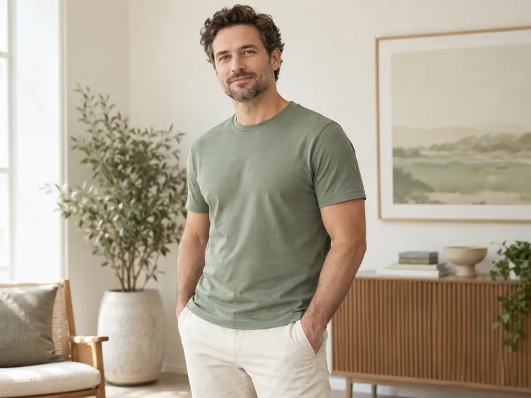 Mann in einem T-Shirt mit entspannter Haltung und natürlichen Körperproportionen