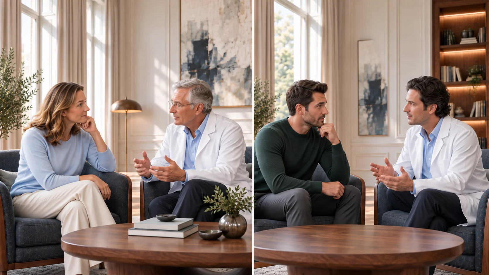 Filmcover: Zwei persönliche Beratungsgespräche mit Ärzten und Patienten im Salon. Illustrative Darstellung.