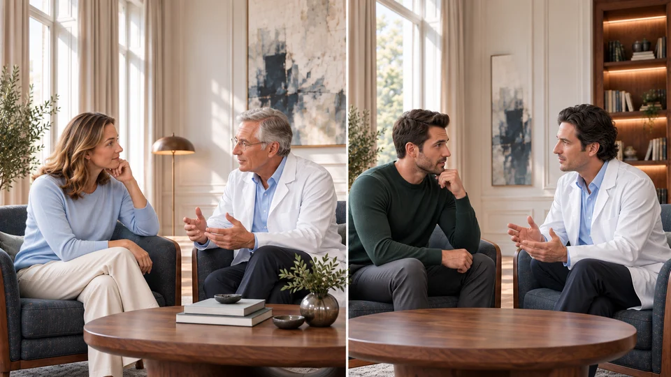Filmcover: Zwei persönliche Beratungsgespräche mit Ärzten und Patienten im Salon. Illustrative Darstellung.