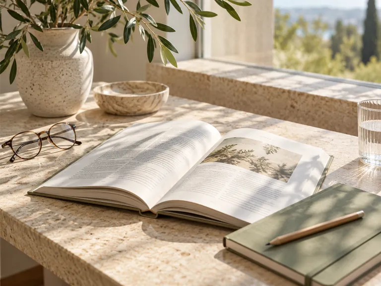 Aufgeschlagenes Buch, Brille und Notizbuch im Tageslicht